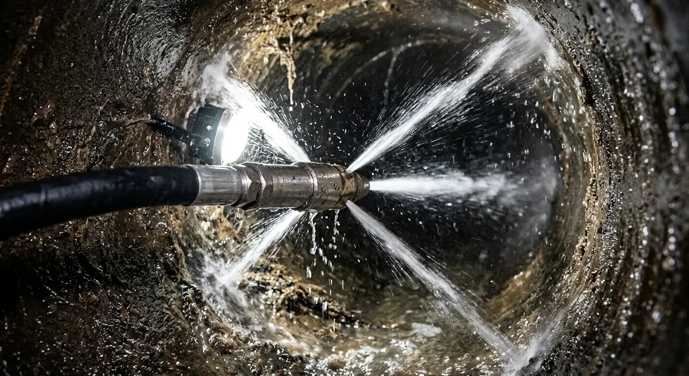 High-pressure hydro jetting nozzle cleaning sewer pipe for Sewer Cleanout in New Iberia